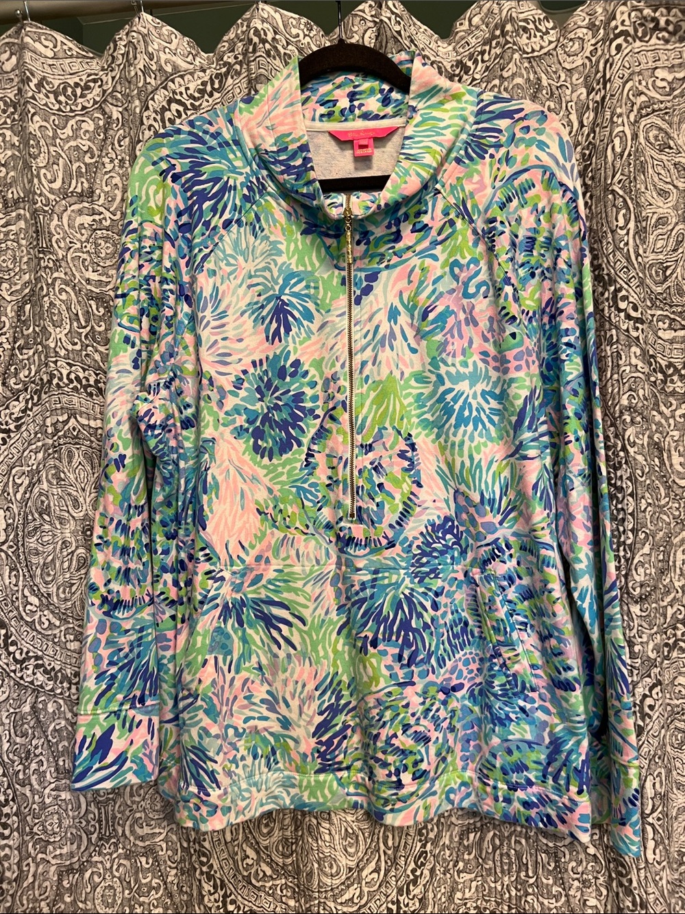 Lilly Pulitzer Popover Floral Top Quarter-Zip- Blue, Green & Pink